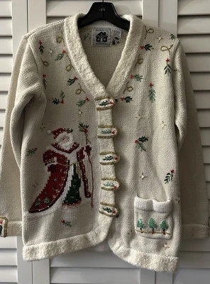 Storybook Knits Santa Classic Cardigan Sweater Womens S White Holiday Vintage - Image 1 of 4