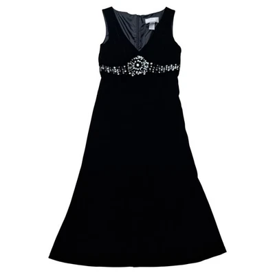 Vintage Eliza J Dress Women's 8 Black Midi Velvet Beaded Empire Waist V Neck Y2K - Image 1 of 4