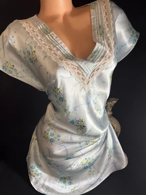 De Colección Satén Azul Brillante Camisón Túnica TOP Vestido Cuello en V Camisón Vestido Lencería Foto 1 de 4