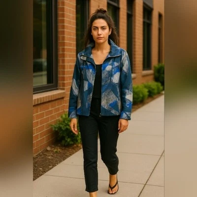 Chaqueta cortavientos Jockey Person to Person para mujer L azul gris cremallera abstracta Y2K Foto 1 de 4