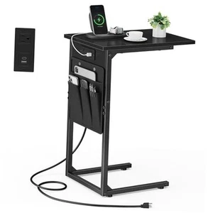  C Shaped End Table with Charging Station, Small Side Table for Black With Plug - Picture 1 of 8