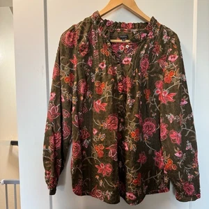 Talbots braun rosa Blumen Schweizer Punkte V-Ausschnitt gerafft fließend Glitzer Detail Bluse L - Bild 1 von 8