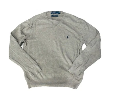 Suéter Vintage Ralph Lauren Gris Cuello en V Azul Logo Tejido Ligero Talla M Foto 1 de 3