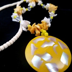 Yellow Round Medallion Shell Statement Necklace Stringed Wooden Beads  - Picture 1 of 10