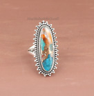 Oyster Copper Turquoise Ring, 925 Sterling Silver Ring, Thin Oval Gemstone Ring,