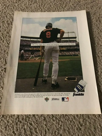 Vintage CAL RIPKEN JR. Franklin Batting Gloves Poster Print Ad ORIOLES 1990s Cover