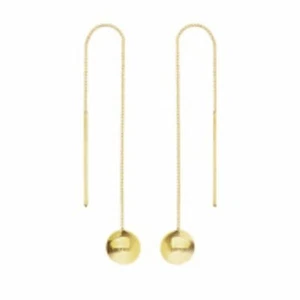 14K Solid Yellow Gold 6.5mm Flat Bead Box Chain Dangle Drop Threader Earrings - Picture 1 of 1