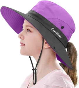 Kids Ponytail Sun Hat Wide Brim UV Protection for Girls Beach Bucket Cap M20.... - Picture 1 of 7
