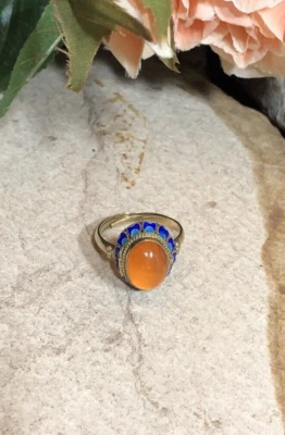 20. 中国出口黄色纯银 Carnelian Cloisonne 蓝色珐琅戒指 Adustj — 第 1/4 张图片