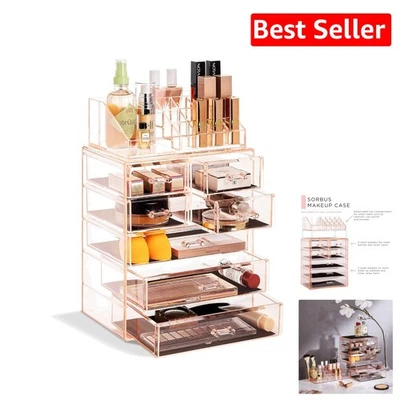 Elegant Clear Cosmetic Makeup Organizer with 4 Large & 2 Small Drawers [Pink] - Image 1 of 4