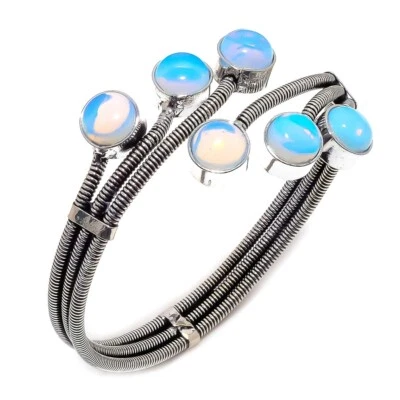 Brazalete de plata de ley 925 con piedras preciosas de opalita lechosa Adst. F648 Foto 1 de 4