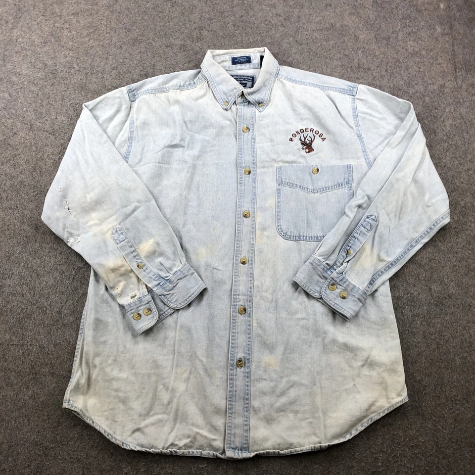 Vintage All Sport Shirt Mens Medium Blue Denim Button Ponderosa Deer Embroidered - Image 1 of 4