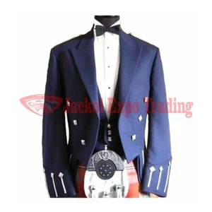 Wool Scottish Blue Prince Charlie Jacket Regulation Kilt Jacket With Waistcoat - Picture 1 of 4