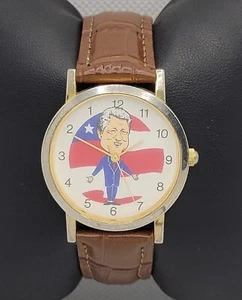 Mens Bill Clinton Character Round Gold Tone Brown Band Runs Backwards Watch J6 - Picture 1 of 9