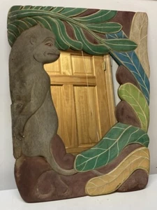 80s Vintage Indonesian Folk Art Carved Wood Decor Mirror Monkey Jungle - AS IS - Picture 1 of 5
