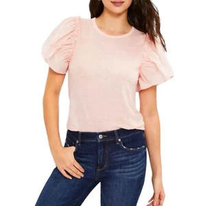 Loft Linen Light Pink Short Ruffle Puff Sleeve Round Neck Top Size XS Petite - Picture 1 of 7
