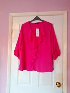 NWT 'F&F' SIZE 18 Hot Pink Ruffle Frilly 3/4 Balloon Sleeve Blouse - NEW Was £19