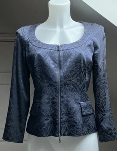 KAREN MILLEN Satin Jacquard Collarless 3/4 Sleeve Short Fitted Jacket Size 12 - Picture 1 of 14