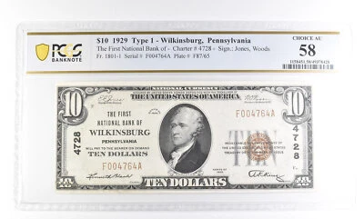 1929 $10 Wilkinsburg PA First National Bank Currency Ch#4728 AU 58 PCGS *2488 - Image 1 of 3