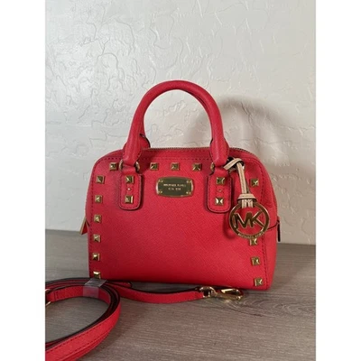 Michael Kors Saffiano Leather XS Gold Studded Satchel Crossbody Mandarin Coral - Image 1 of 4