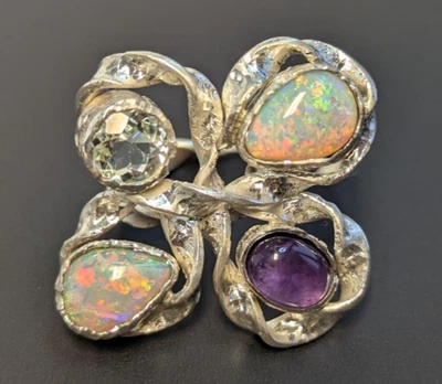 Feiner Edelstein Ring 925 Silber Handarbeit mit Opalen Aquamarin und Amethyst - Bild 1 von 4