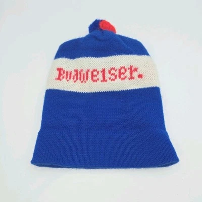 De colección BUDWEISER CERVEZA INVIERNO POM POM GORRO ESQUÍ SOMBRERO Rojo Blanco Y Azul Tejido  Foto 1 de 4