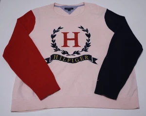 Tommy Hilfiger Sweater XL Colorblock Crest Logo Pink Red Navy Crewneck Pullover - Picture 1 of 6