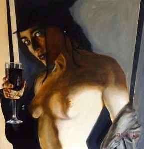 NEW ORIGINAL PETE DAVIES "Winter Warmer" Female wine girl nude OIL PAINTING - Picture 1 of 1