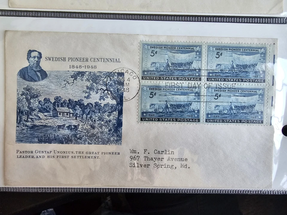 1948 Swedish Pioneers, Scott 958, Block Of Four 5c Stamp FDOI - Image 1 of 1