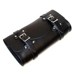OLD SCHOOL BLACK LEATHER 10"WIDE WINDSHIELD/TOOL POUCH DUAL STRAPS HARLEY BOBBER - Picture 1 of 6