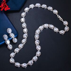 2pc Luxury Xmas Jewelry Set Oval White Topaz Gems Women Girls Necklace Earrings