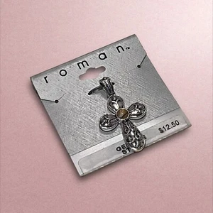 NWT Roman Brand Filigree Cross Pendant with Agate Gemstone Silver Tone New - Picture 1 of 4