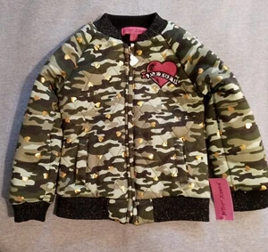Betsey Johnson Jacket Girls 5 Green Quilted Bomber Coat Camouflage Gold Hearts  - Picture 1 of 13