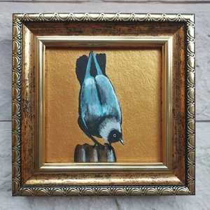 Crow Small painting Gray Bird crow art Raven portrait Art Golden Painting Framed - Picture 1 of 9