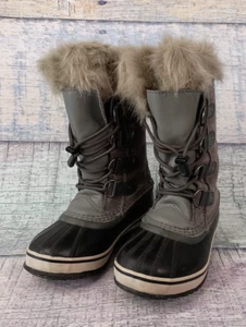Sorel Joan Of Arctic Girls Size 2 Insulated Snow Boots Gray Black Faux Fur - Picture 1 of 24
