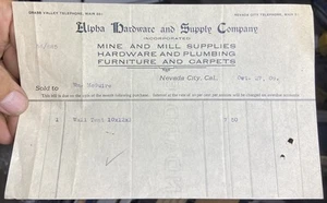 1909 Nevada City, California ALPHA HARDWARE & SUPPLY Co. Receipt Document - Picture 1 of 3