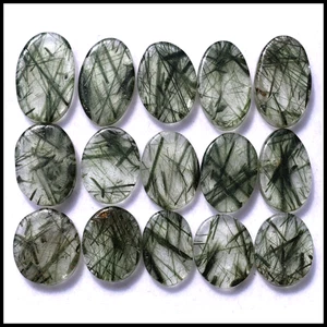 Mystic Forest~ 15 Pcs Natural Green Rutile Quartz 12mm-15mm Cabochon Gemstones - Picture 1 of 9