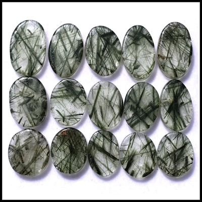 Mystic Forest~ 15 Pcs Natural Green Rutile Quartz 12mm-15mm Cabochon Gemstones - Image 1 of 4