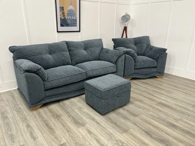 Nicole 3 Seat Sofa + Armchair + Storage Footstool In Lassie Petrol Fabric - Image 1 of 4