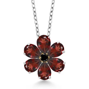 3.01 Ct Red Garnet Black Diamond 925 Silver and 10K Yellow Gold Flower Pendant - Picture 1 of 4