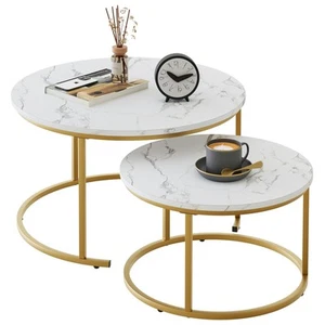 Nesting Coffee Table 31.5IN Set of 2, White Faux Marble Gold Steel Frame Circ... - Picture 1 of 8