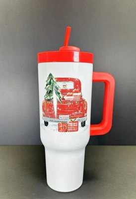 40 oz Insulated Christmas Truck Tumbler Cup Leakproof Lid Straw Handle Holiday - Image 1 of 4