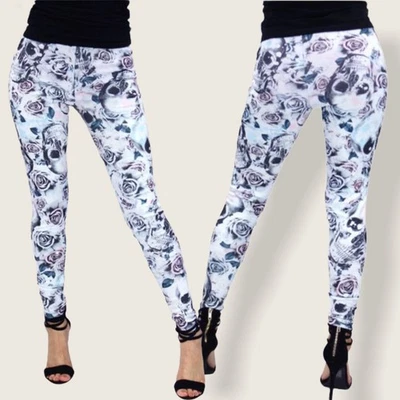 Casa Lee Skull Head Roses 条纹印花打底裤小号白色灰色粉色 — 第 1/4 张图片