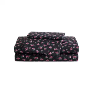Bouquet Ditsy 4-Piece Black/Mauve Microfiber Queen Sheet Set - Picture 1 of 7