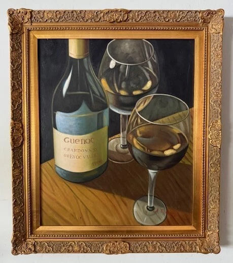 Pintura al óleo sobre lienzo grande - Botella de rojo (y dos vasos) - Marco dorado ornamentado Foto 1 de 3