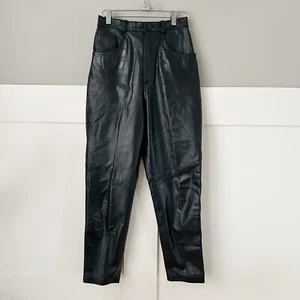 Vintage Women Genuine Leather Pants 26 Waist 6P High Rise Tapered Leg Black 90s - Picture 1 of 13