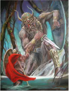 LEON GOODMAN LIMITED EDITION OF PAINTING Beowulf & Grendel saxon viking - Picture 1 of 1