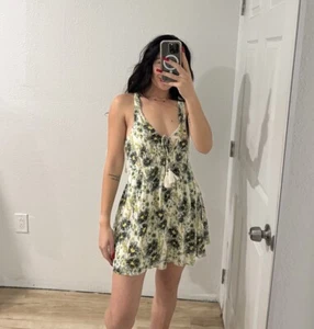 Free People Green Floral Print Criss-Cross Summer Gauze Mini Dress Small S - Picture 1 of 8