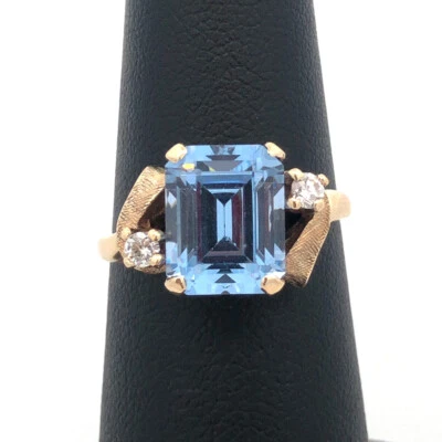 Designer 10K Yellow Gold Emerald Cut Blue Spinel Diamond Engagement Ring - Image 1 of 4