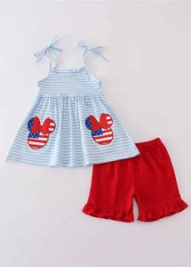 Girl's Boutique Patriotic Mouse Character Flag Red And Blue 2 Piece Set 4th of J - Picture 1 of 8